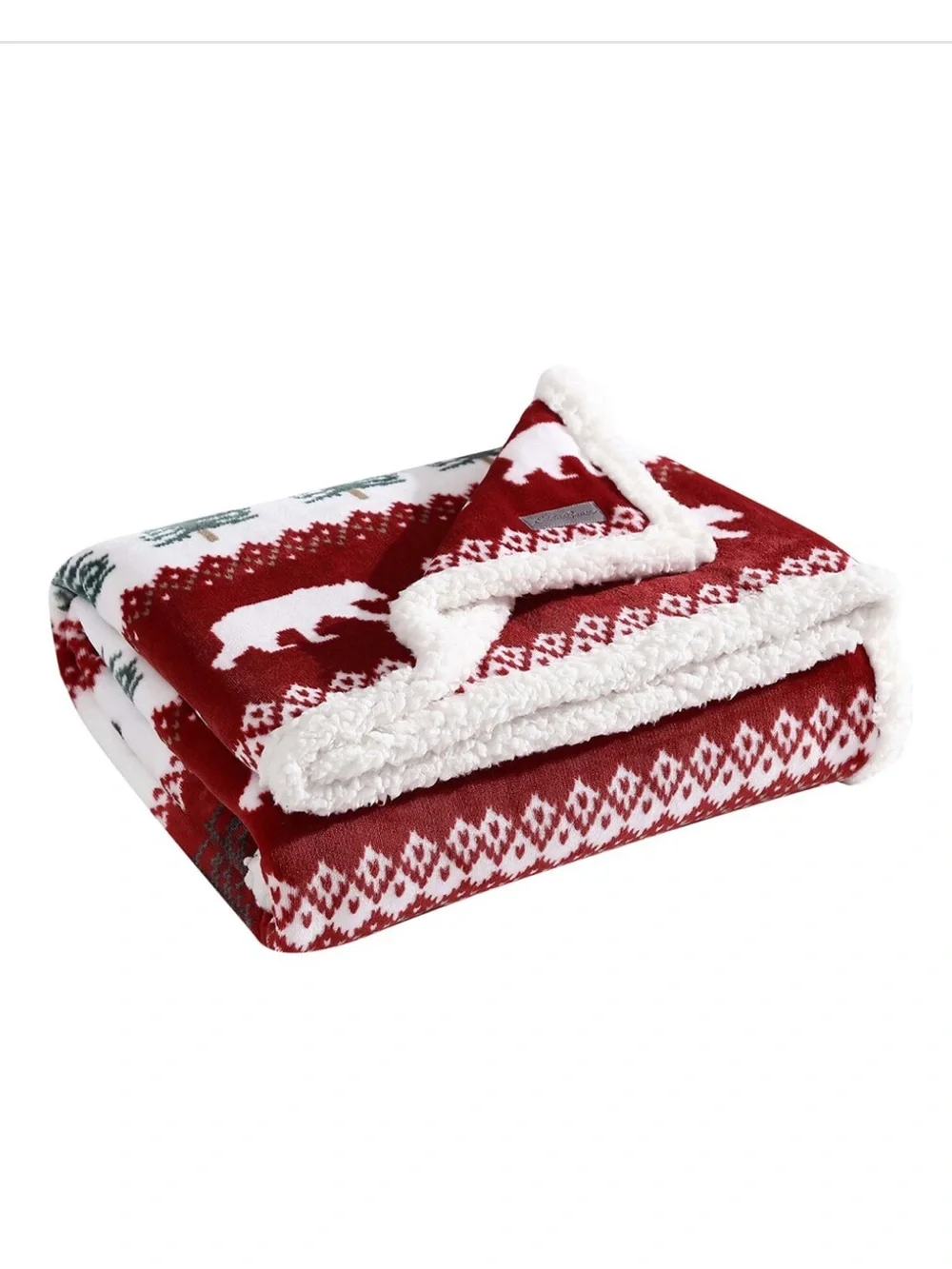 Eddie Bauer Red White Green Bear & Tree Grizzly Peak Sherpa Throw Blanket